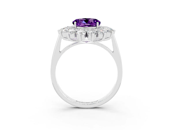 Silver Round Cut Amethyst Floral Double Halo Engagement Ring with Prong Setting