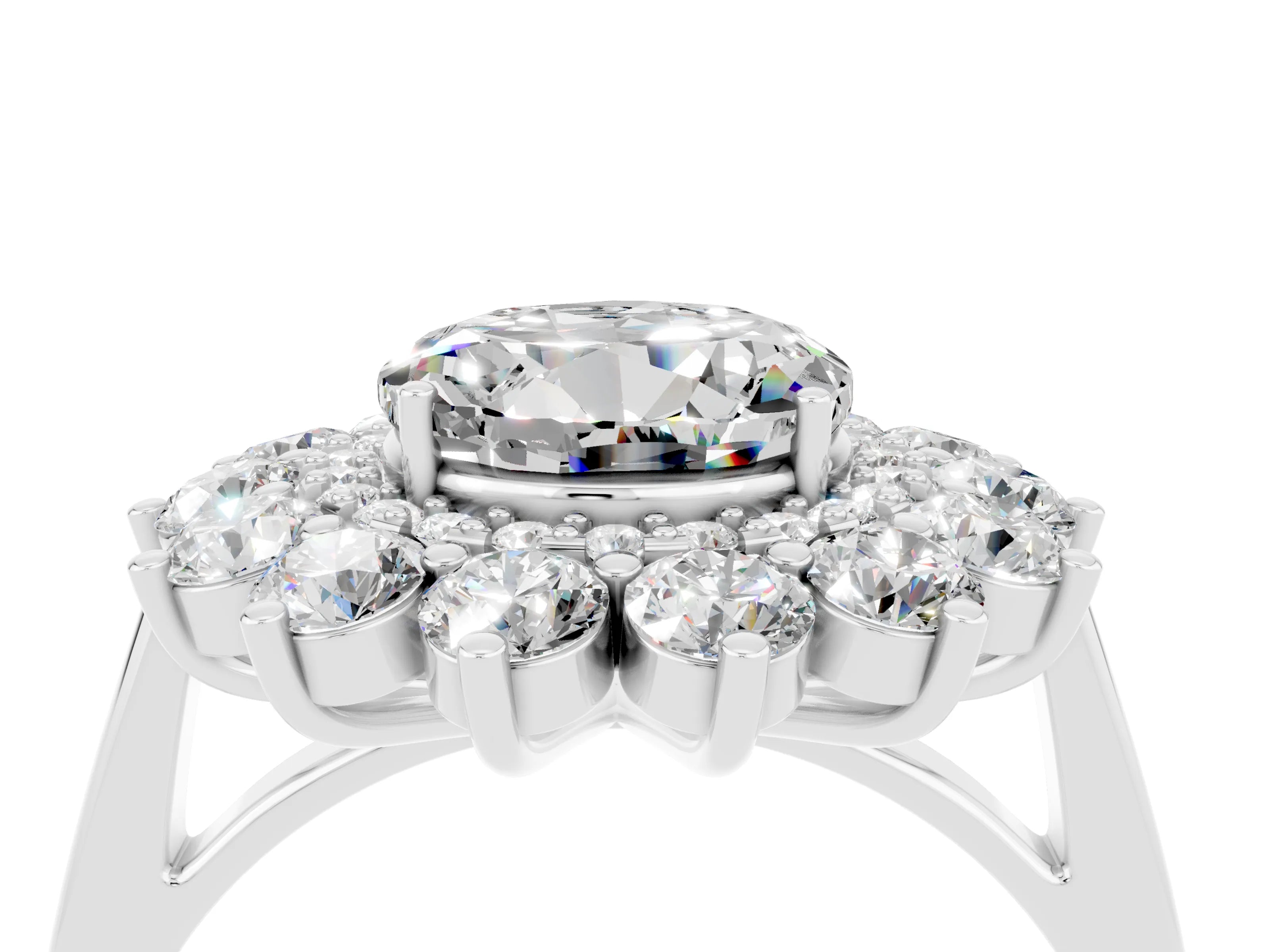 White gold Round Cut Halo Cluster Diamond Ring with Pave Band and Four-Prong Setting_16