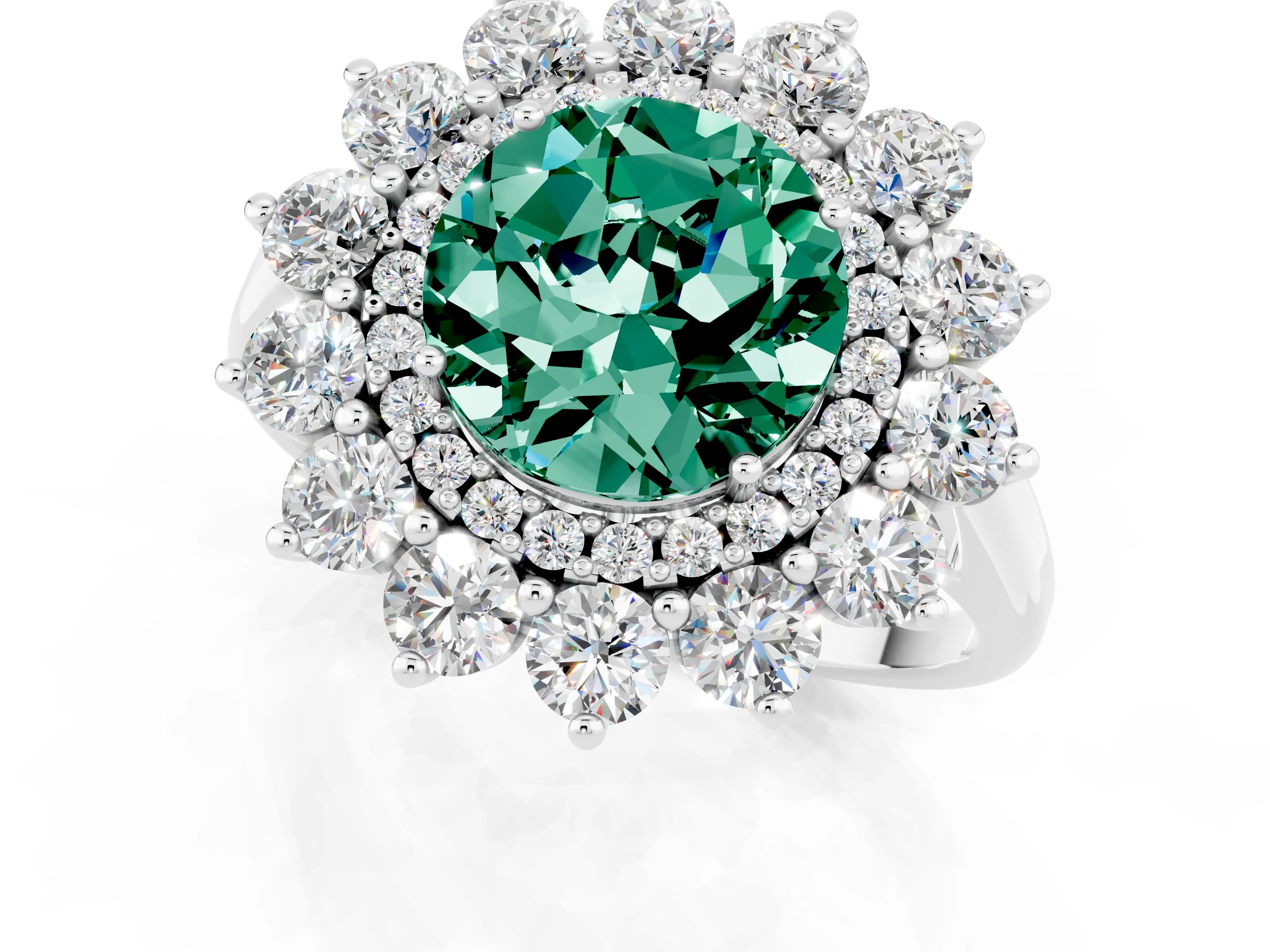 White gold Round Cut Halo Cluster Diamond Ring with Pave Band and Four-Prong Setting_1
