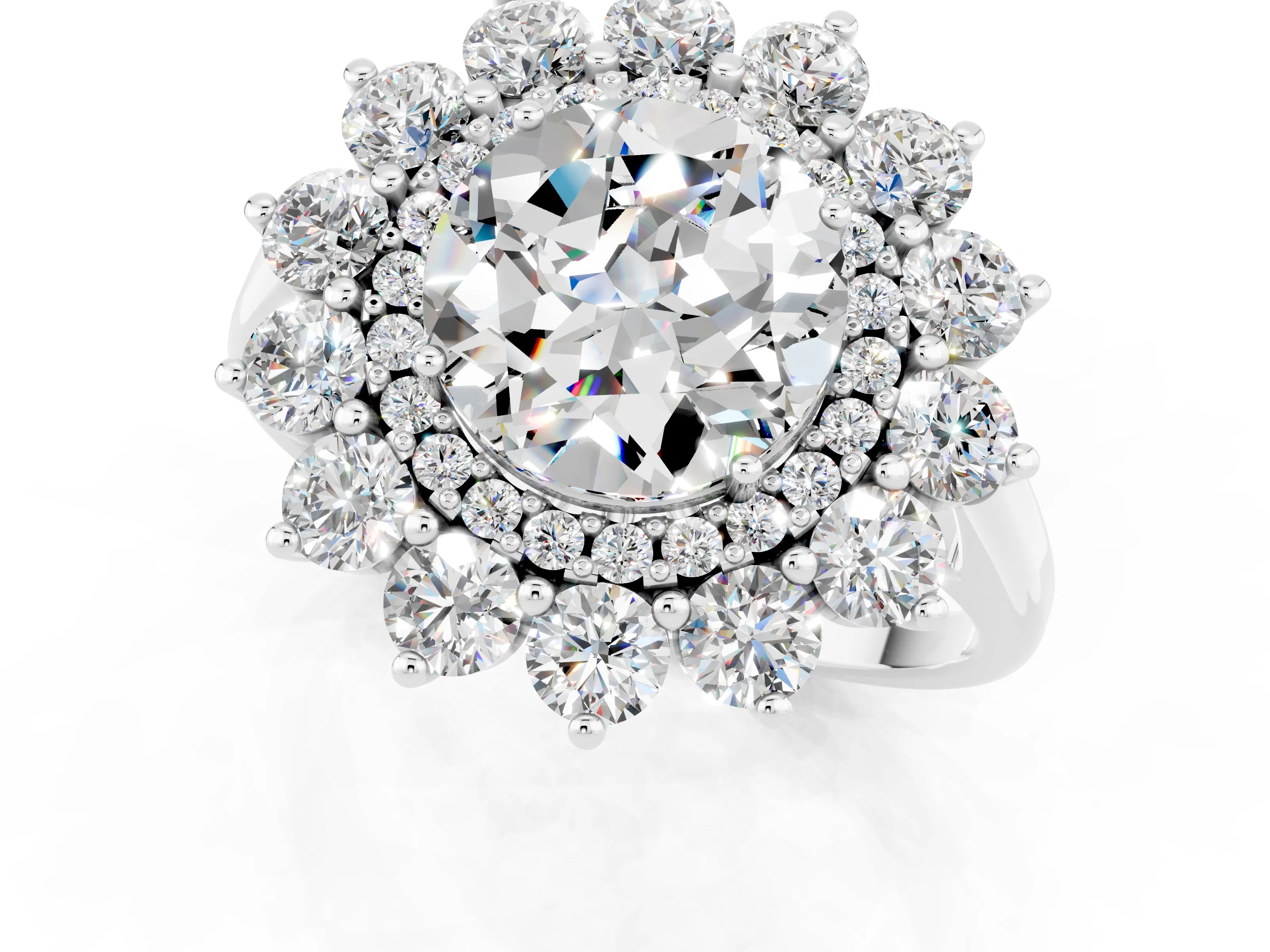 White gold Round Cut Halo Cluster Diamond Ring with Pave Band and Four-Prong Setting_1