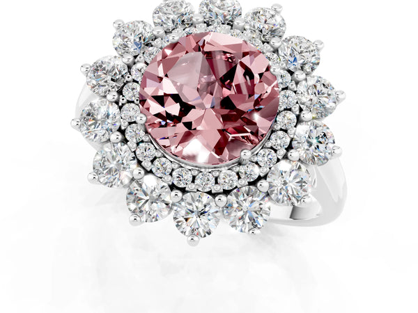 Silver Round Cut Halo Cluster Diamond Ring with Pave Band and Four-Prong Setting