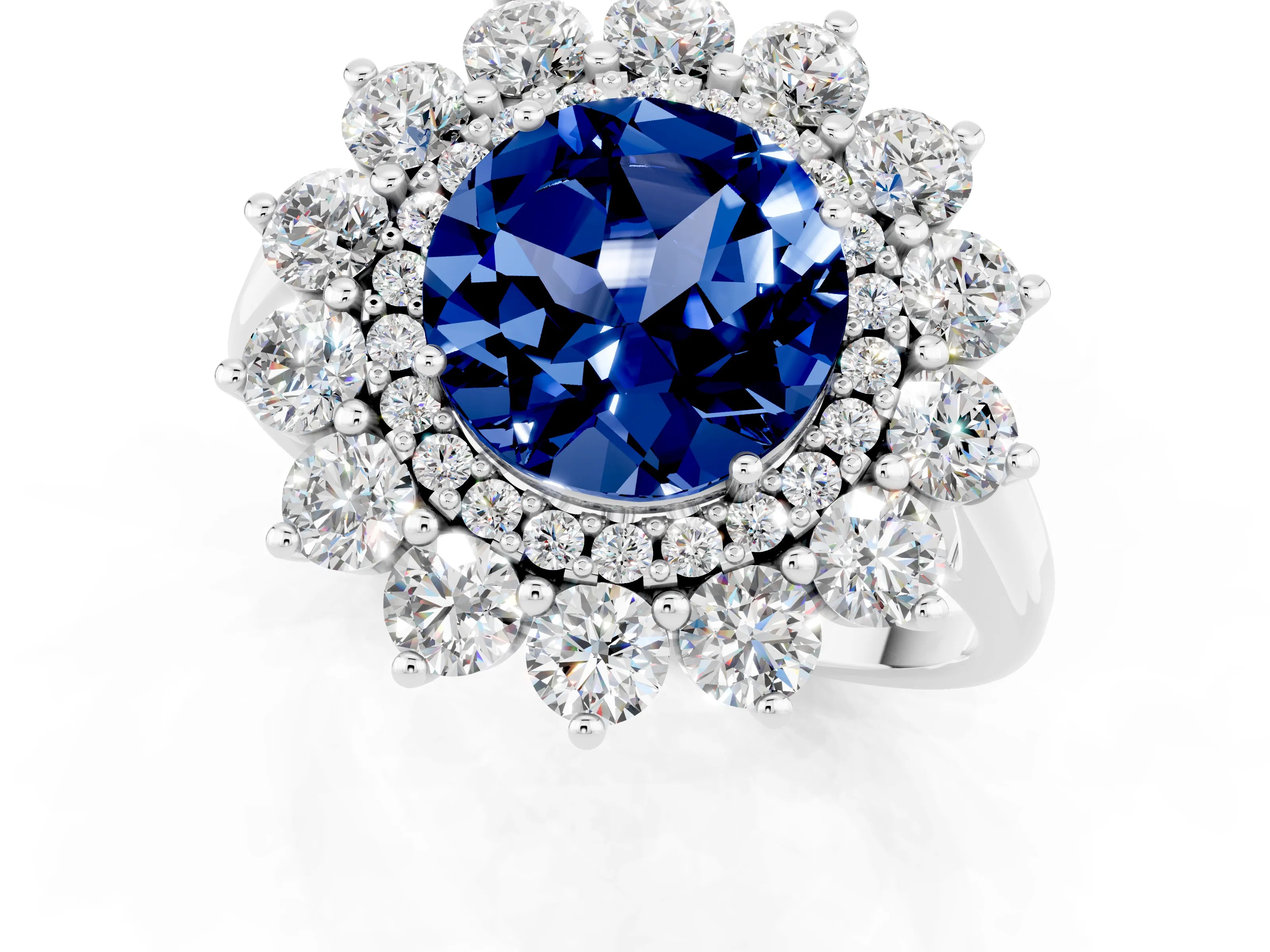White gold Round Cut Halo Cluster Diamond Ring with Pave Band and Four-Prong Setting_1