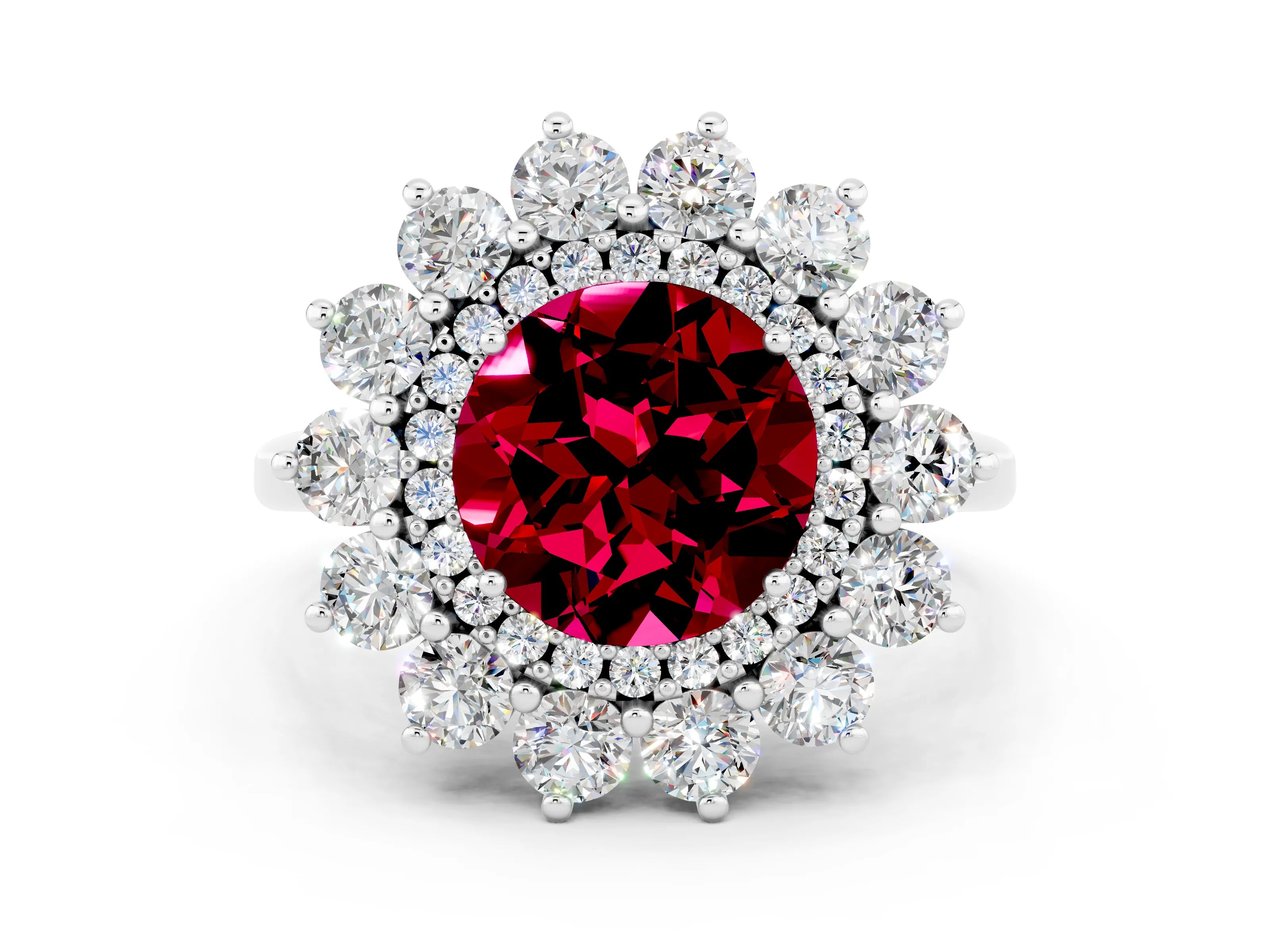 White gold Round Cut Halo Cluster Diamond Ring with Pave Band and Four-Prong Setting