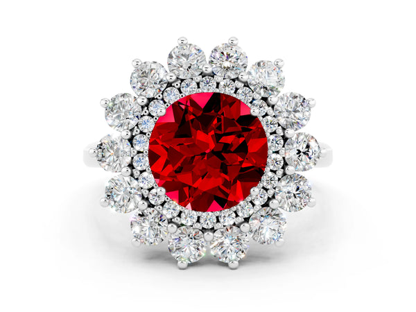 Platinum Round Cut Ruby Floral Double Halo Engagement Ring with Prong Setting