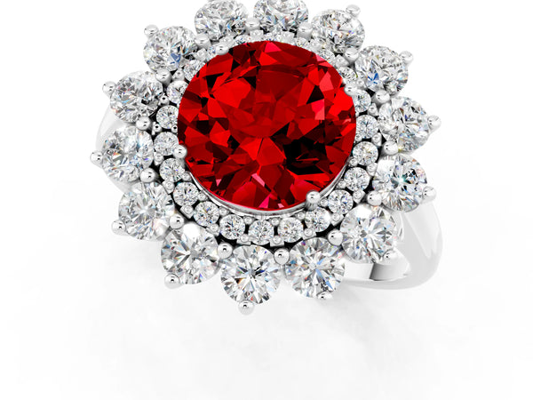 Platinum Round Cut Ruby Floral Double Halo Engagement Ring with Prong Setting