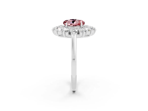 Silver Round Cut Halo Cluster Diamond Ring with Pave Band and Four-Prong Setting