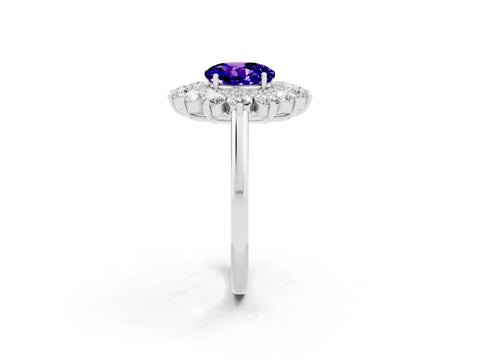 White gold Round Cut Halo Cluster Diamond Ring with Pave Band and Four-Prong Setting_2