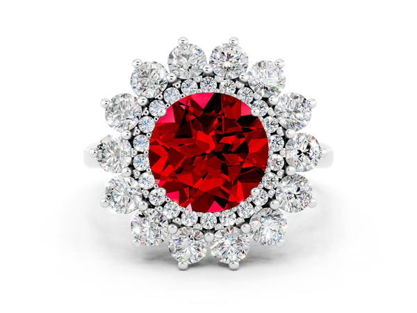 White gold Round Cut Ruby Floral Double Halo Engagement Ring with Prong Setting