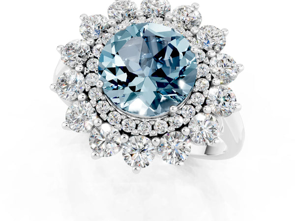 Platinum Round Cut Aquamarine Floral Double Halo Engagement Ring with Prong Setting