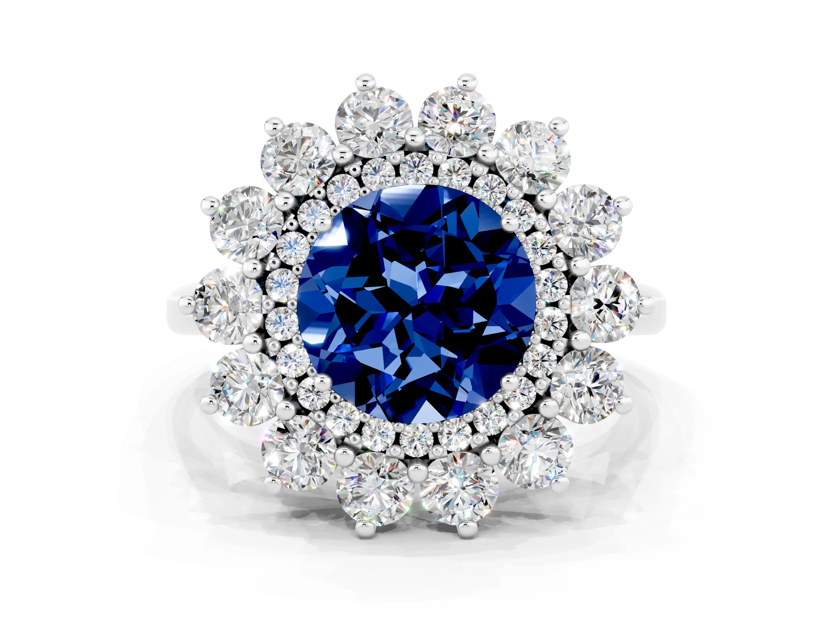 White gold Round Cut Halo Cluster Diamond Ring with Pave Band and Four-Prong Setting