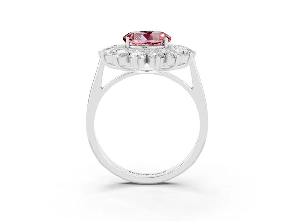 Platinum Round Cut Halo Cluster Diamond Ring with Pave Band and Four-Prong Setting