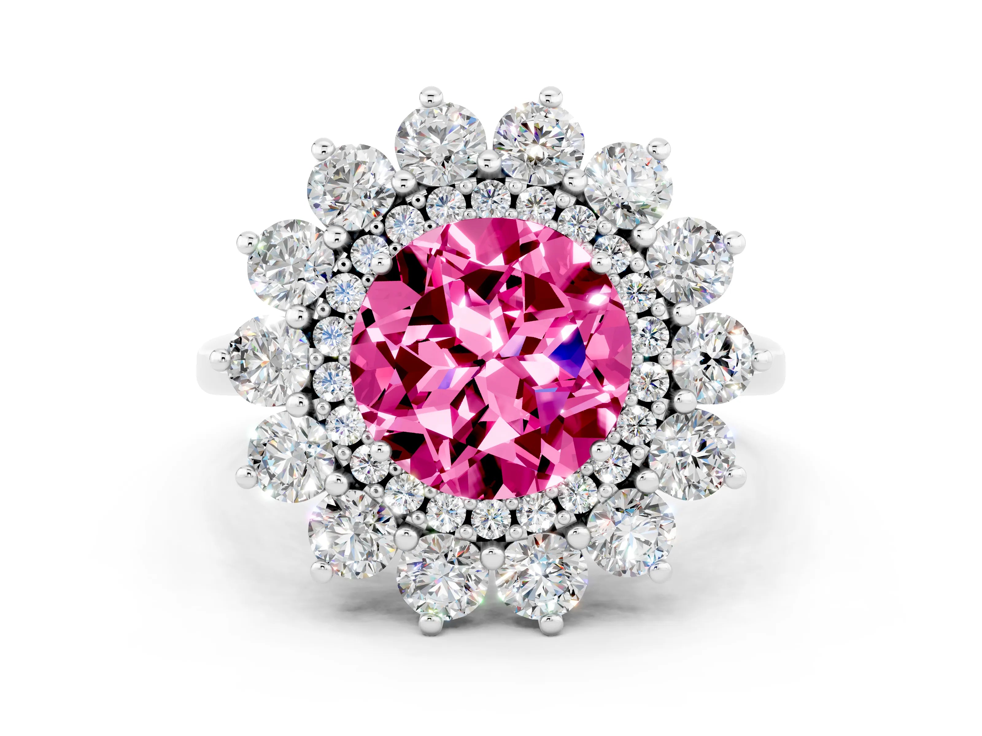 White gold Round Cut Halo Cluster Diamond Ring with Pave Band and Four-Prong Setting