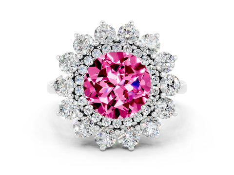 White gold Round Cut Halo Cluster Diamond Ring with Pave Band and Four-Prong Setting