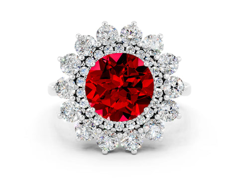 White gold Round Cut Halo Cluster Diamond Ring with Pave Band and Four-Prong Setting