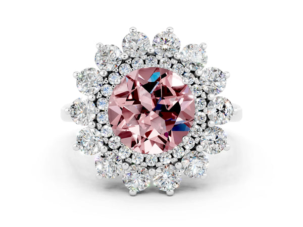 White gold Round Cut Halo Cluster Diamond Ring with Pave Band and Four-Prong Setting