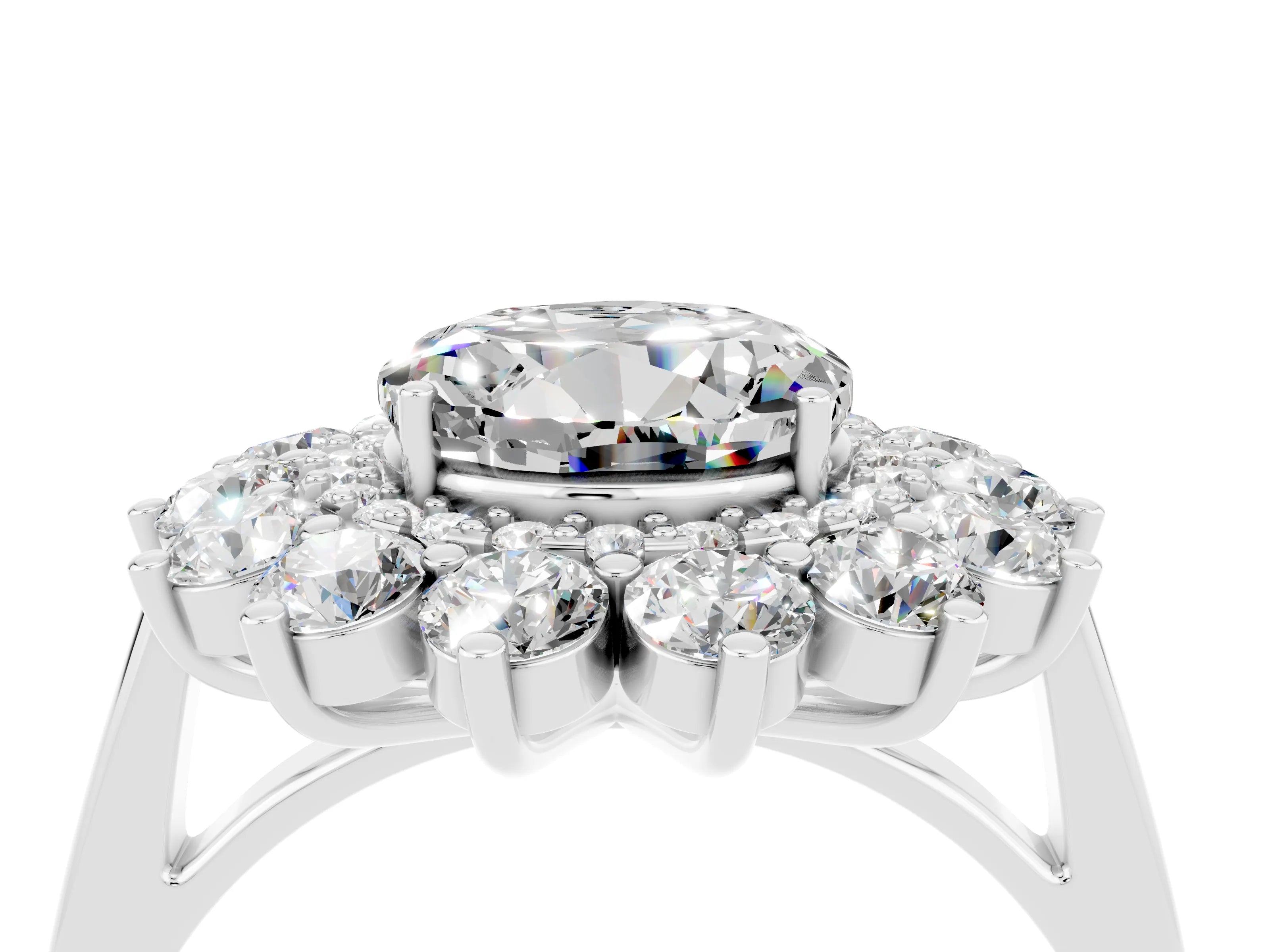 White gold Round Cut Halo Cluster Diamond Ring with Pave Band and Four-Prong Setting_4