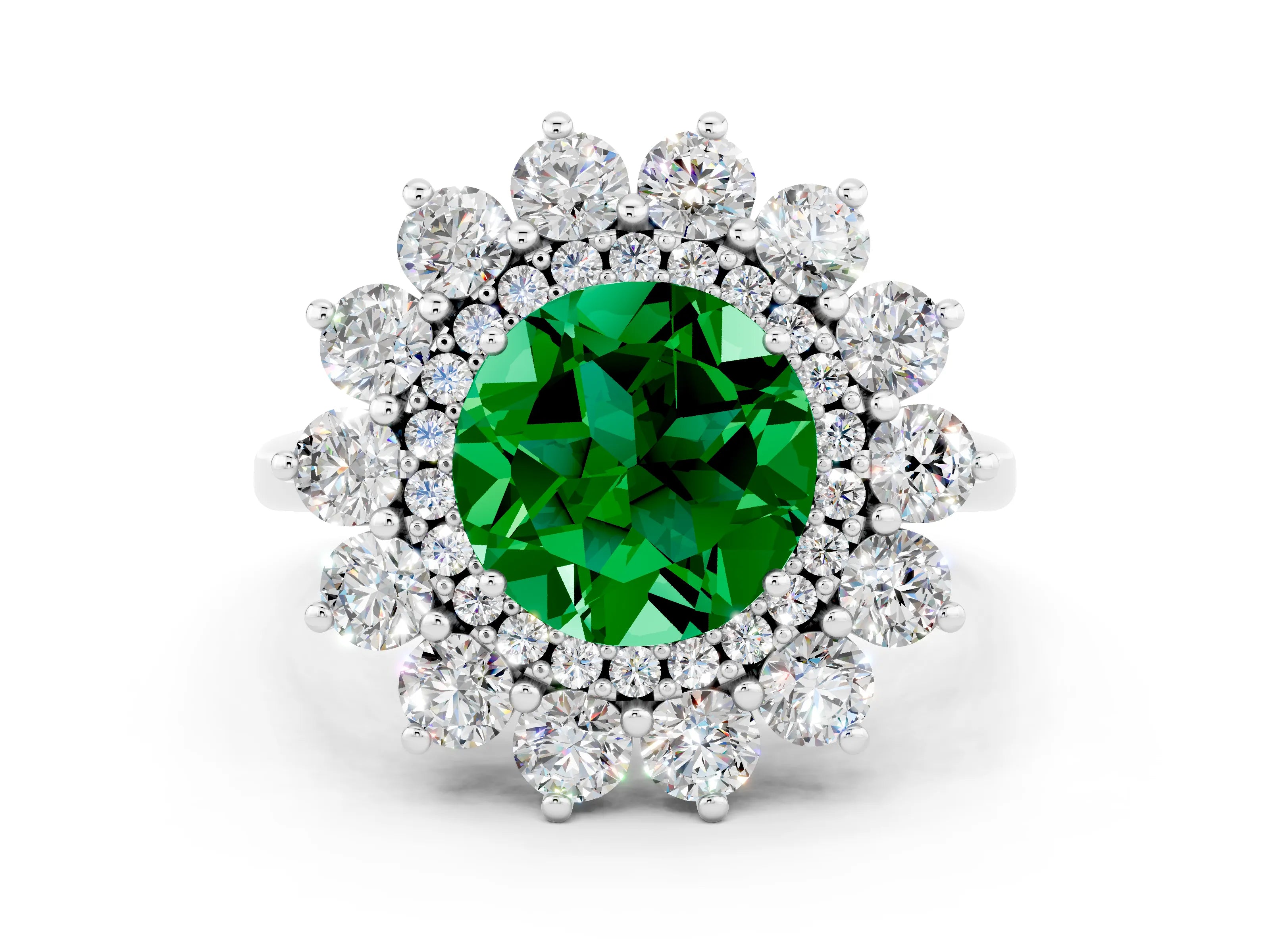 White gold Round Cut Halo Cluster Diamond Ring with Pave Band and Four-Prong Setting