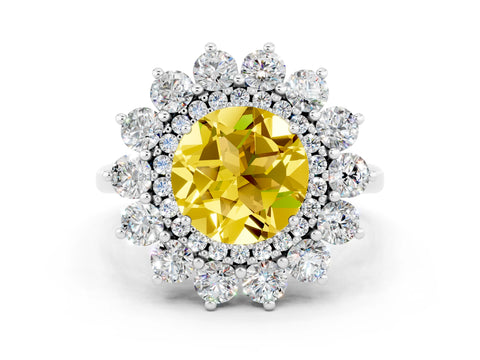 White gold Round Cut Halo Cluster Diamond Ring with Pave Band and Four-Prong Setting