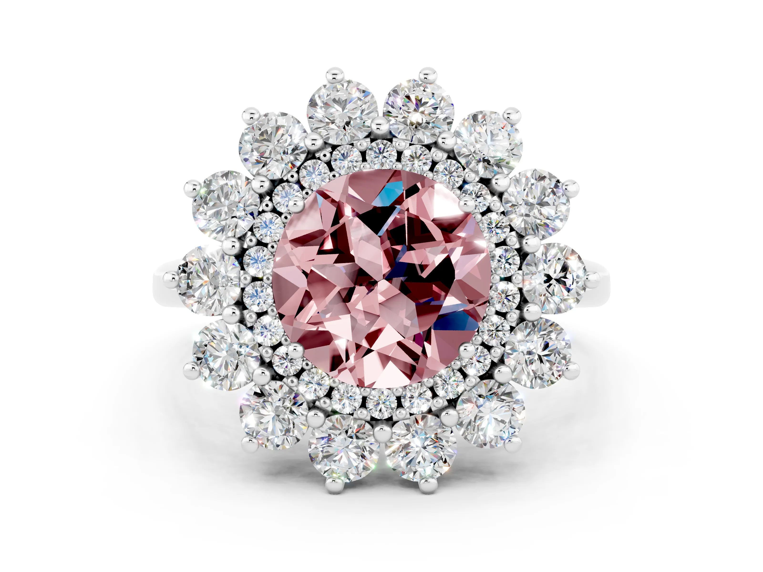 White gold Round Cut Halo Cluster Diamond Ring with Pave Band and Four-Prong Setting