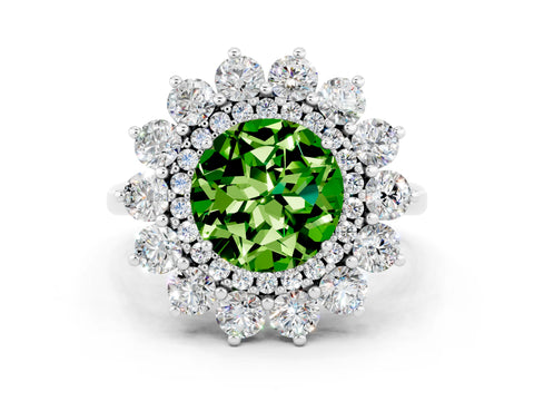 White gold Round Cut Halo Cluster Diamond Ring with Pave Band and Four-Prong Setting