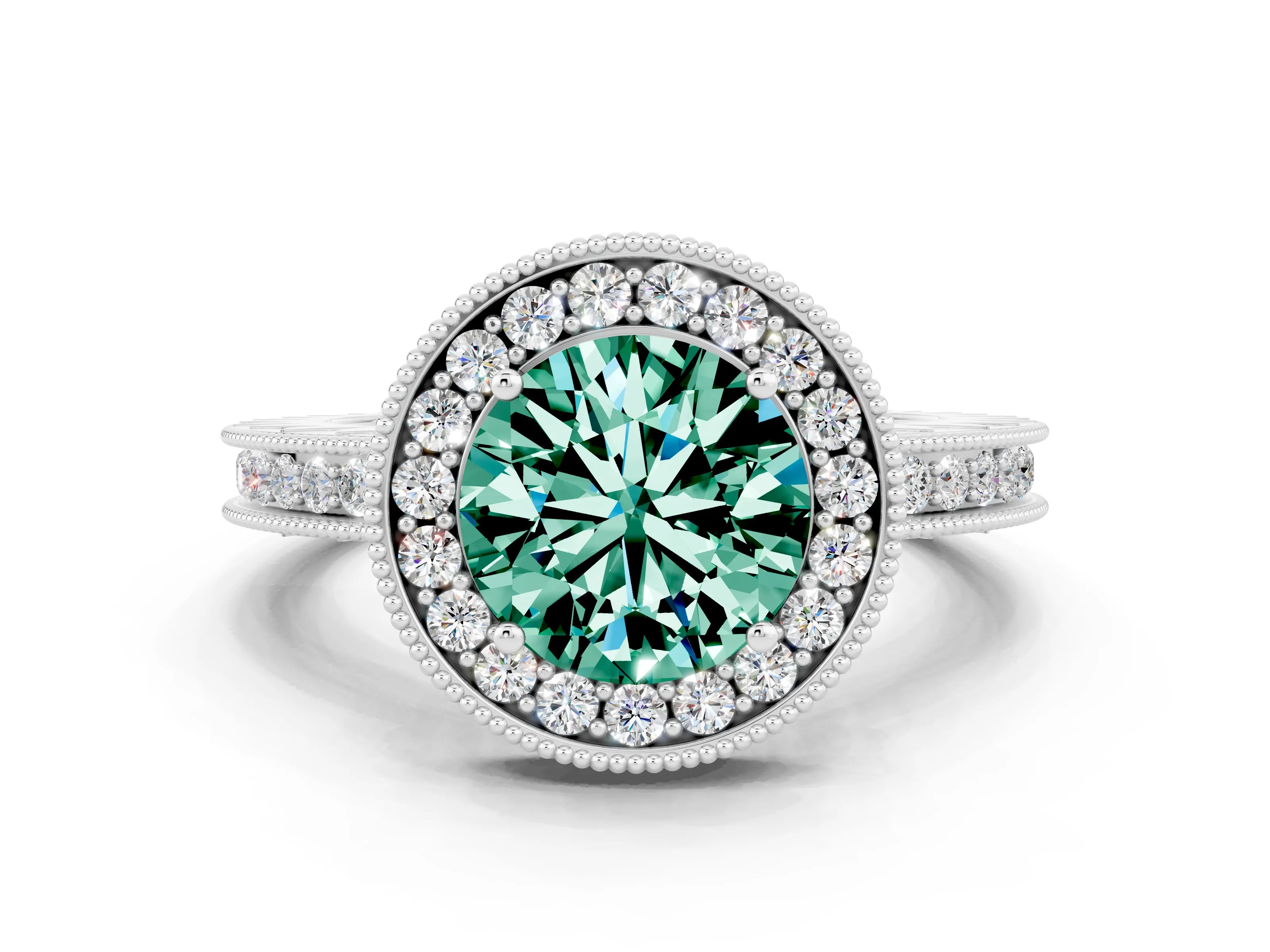White gold Round Cut Halo Diamond Engagement Ring with Milgrain Pave Band and Four-Prong Setting