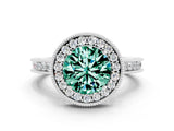White gold Round Cut Halo Diamond Engagement Ring with Milgrain Pave Band and Four-Prong Setting