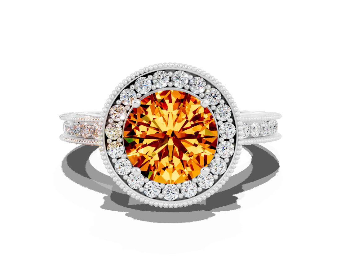 White gold Round Cut Halo Diamond Engagement Ring with Milgrain Pave Band and Four-Prong Setting
