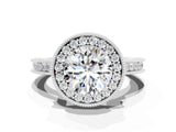 White gold Round Cut Halo Diamond Engagement Ring with Milgrain Pave Band and Four-Prong Setting
