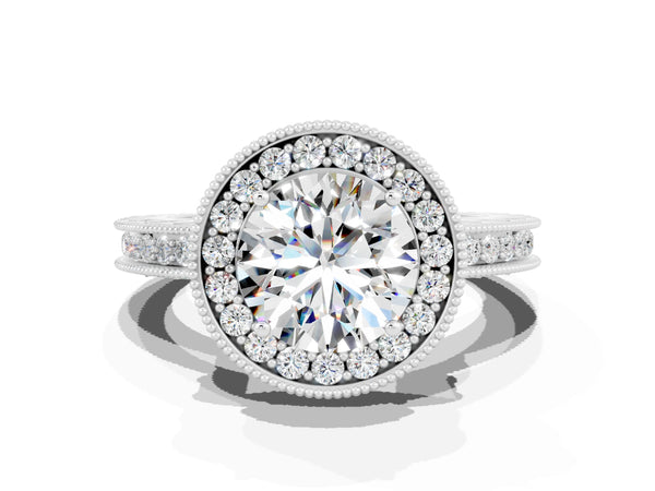 Platinum Round Cut Halo Diamond Engagement Ring with Milgrain Pave Band and Four-Prong Setting