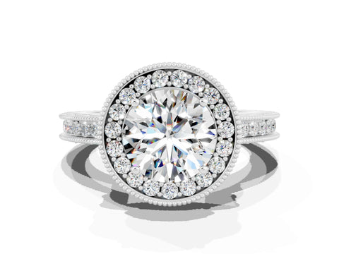 White gold Round Cut Halo Diamond Engagement Ring with Milgrain Pave Band and Four-Prong Setting