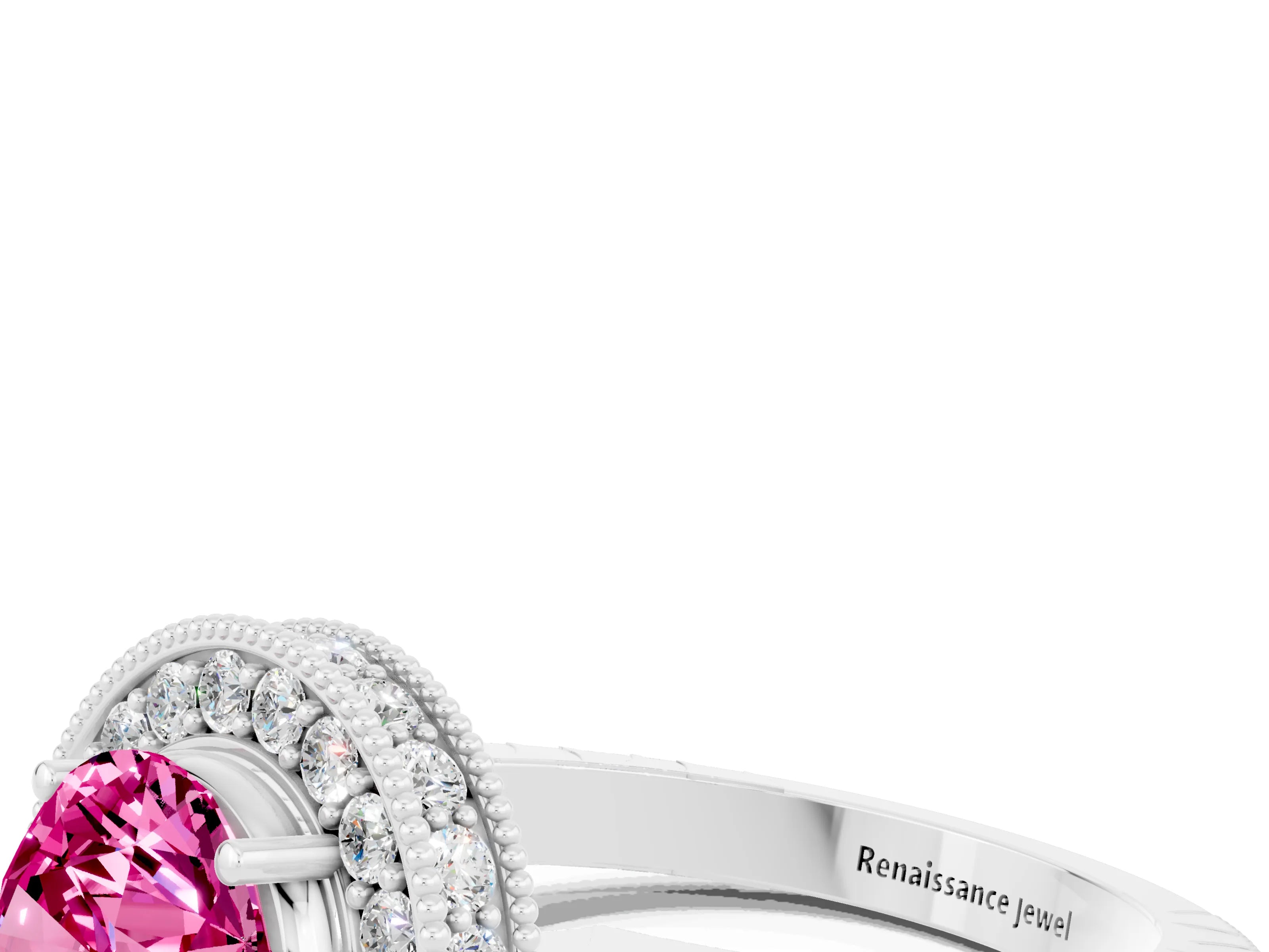 White gold Round Cut Halo Diamond Engagement Ring with Milgrain Pave Band and Four-Prong Setting