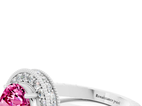 White gold Round Cut Halo Diamond Engagement Ring with Milgrain Pave Band and Four-Prong Setting