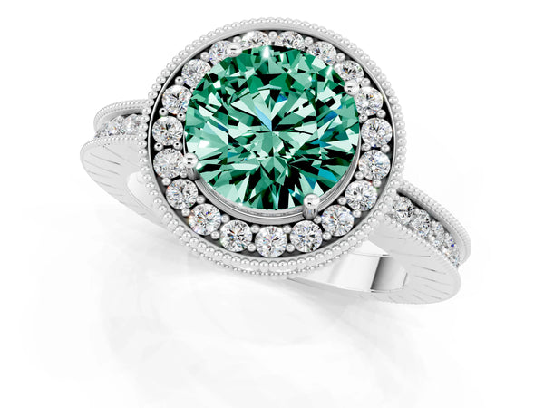 Platinum Round Cut Green Sapphire Milgrain Halo Engagement Ring with Round Pavé Band and Prong Setting