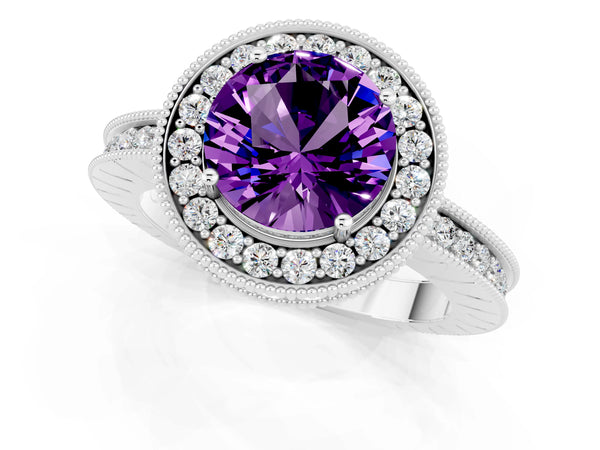 Platinum Round Cut Amethyst Milgrain Halo Engagement Ring with Round Pavé Band and Prong Setting
