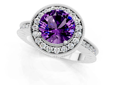 White gold Round Cut Halo Diamond Engagement Ring with Milgrain Pave Band and Four-Prong Setting_1