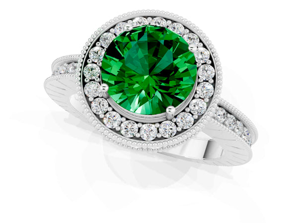 White gold Round Cut Halo Diamond Engagement Ring with Milgrain Pave Band and Four-Prong Setting