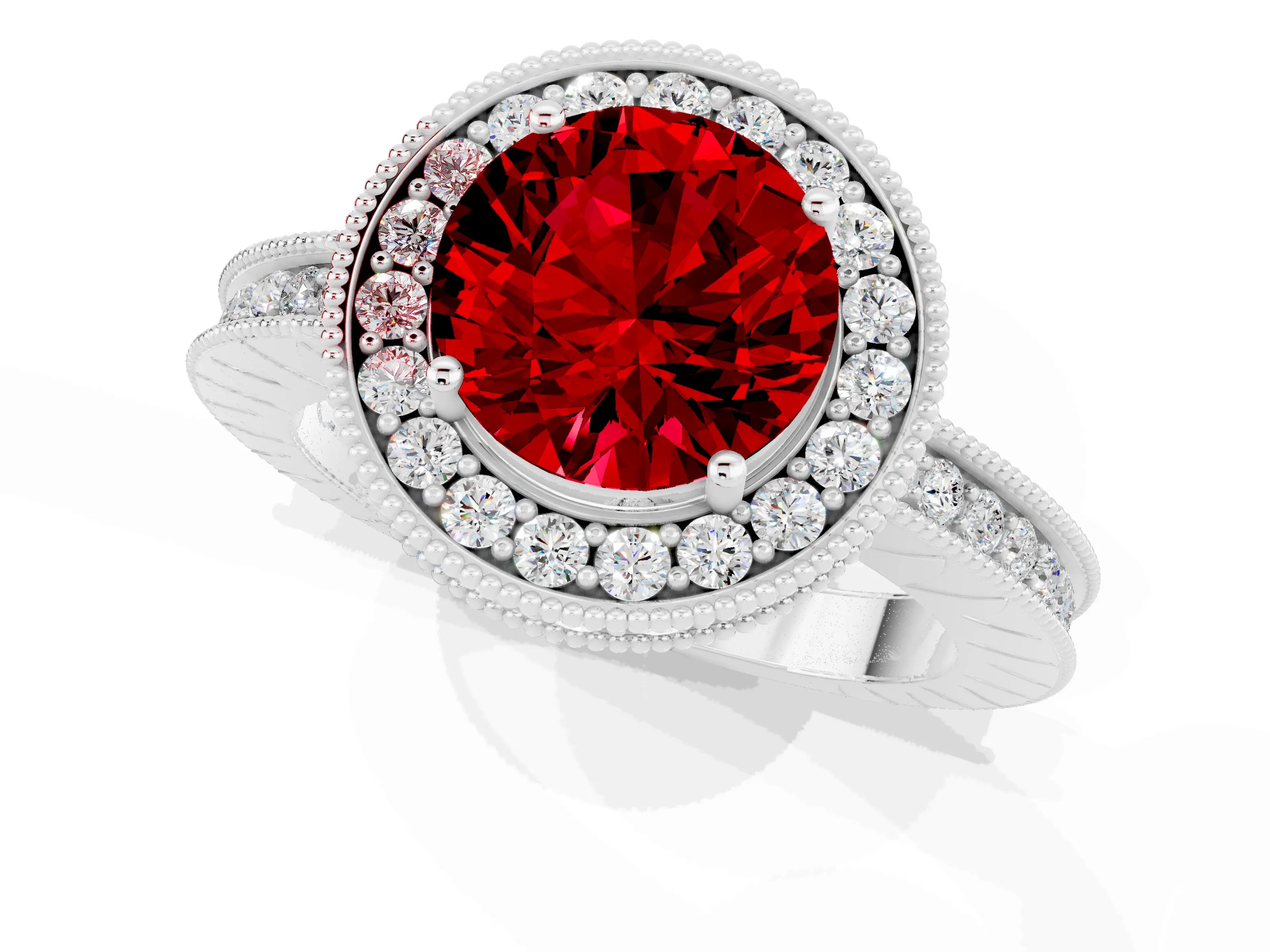 White gold Round Cut Halo Diamond Engagement Ring with Milgrain Pave Band and Four-Prong Setting_1
