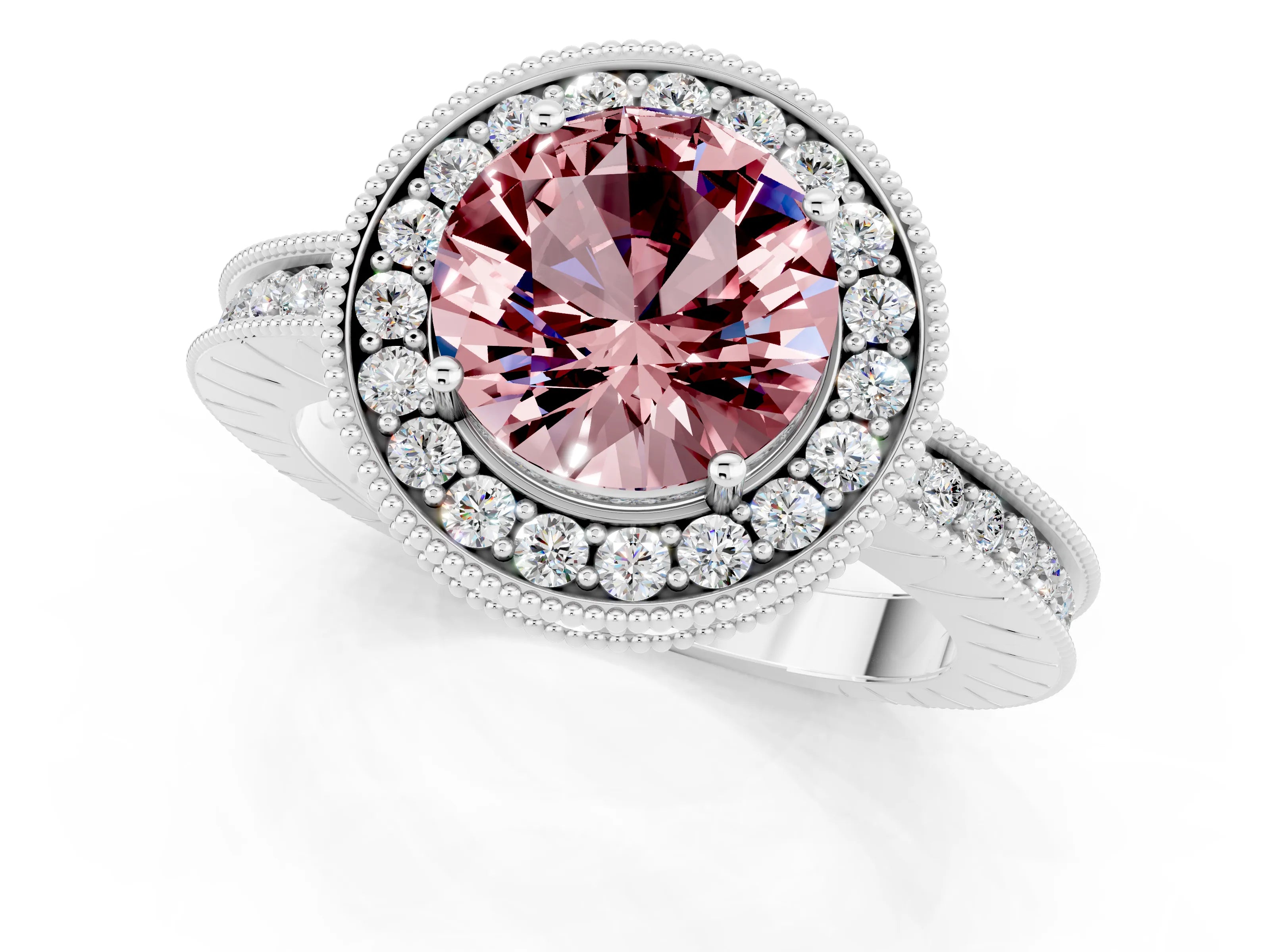 White gold Round Cut Halo Diamond Engagement Ring with Milgrain Pave Band and Four-Prong Setting_1