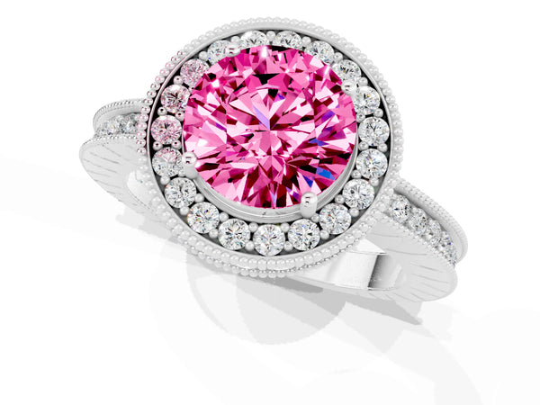 Platinum Round Cut Halo Diamond Engagement Ring with Milgrain Pave Band and Four-Prong Setting