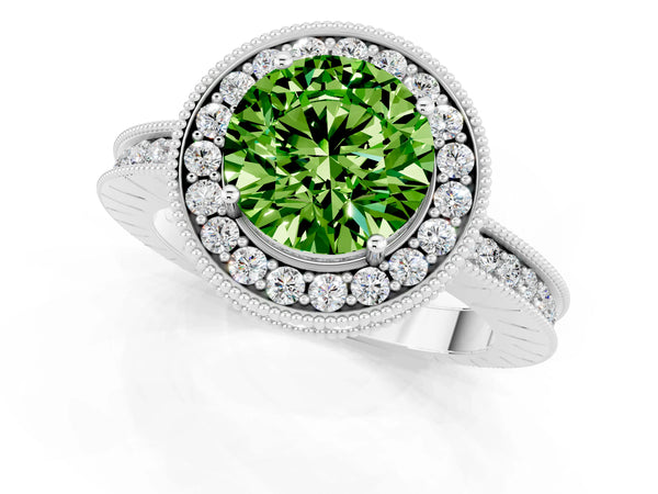Platinum Round Cut Halo Diamond Engagement Ring with Milgrain Pave Band and Four-Prong Setting