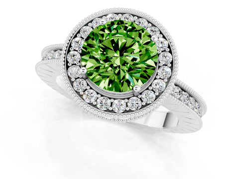 White gold Round Cut Halo Diamond Engagement Ring with Milgrain Pave Band and Four-Prong Setting_1