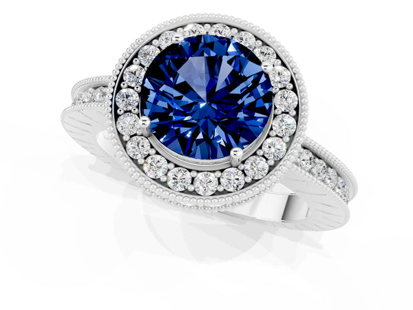 White gold Round Cut Halo Diamond Engagement Ring with Milgrain Pave Band and Four-Prong Setting