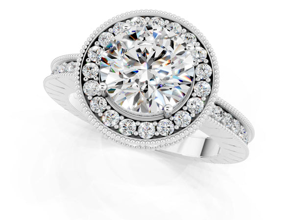 Platinum Round Cut Halo Diamond Engagement Ring with Milgrain Pave Band and Four-Prong Setting