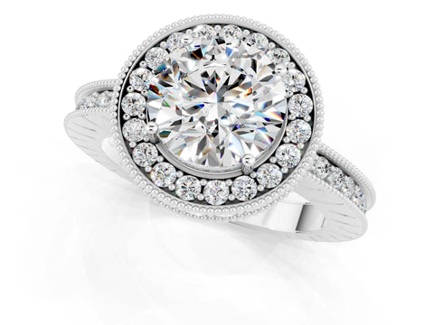 White gold Round Cut Halo Diamond Engagement Ring with Milgrain Pave Band and Four-Prong Setting_1