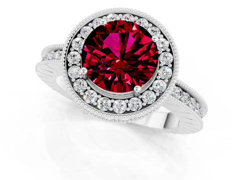 White gold Round Cut Halo Diamond Engagement Ring with Milgrain Pave Band and Four-Prong Setting_1