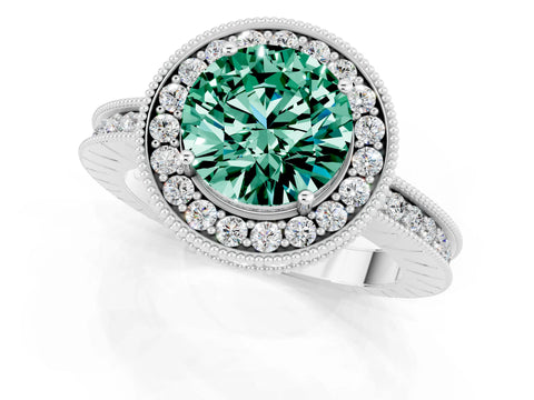 White gold Round Cut Halo Diamond Engagement Ring with Milgrain Pave Band and Four-Prong Setting_1