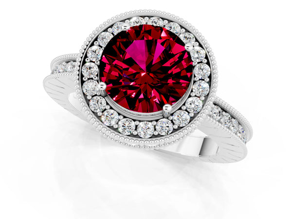 Silver Round Cut Halo Diamond Engagement Ring with Milgrain Pave Band and Four-Prong Setting