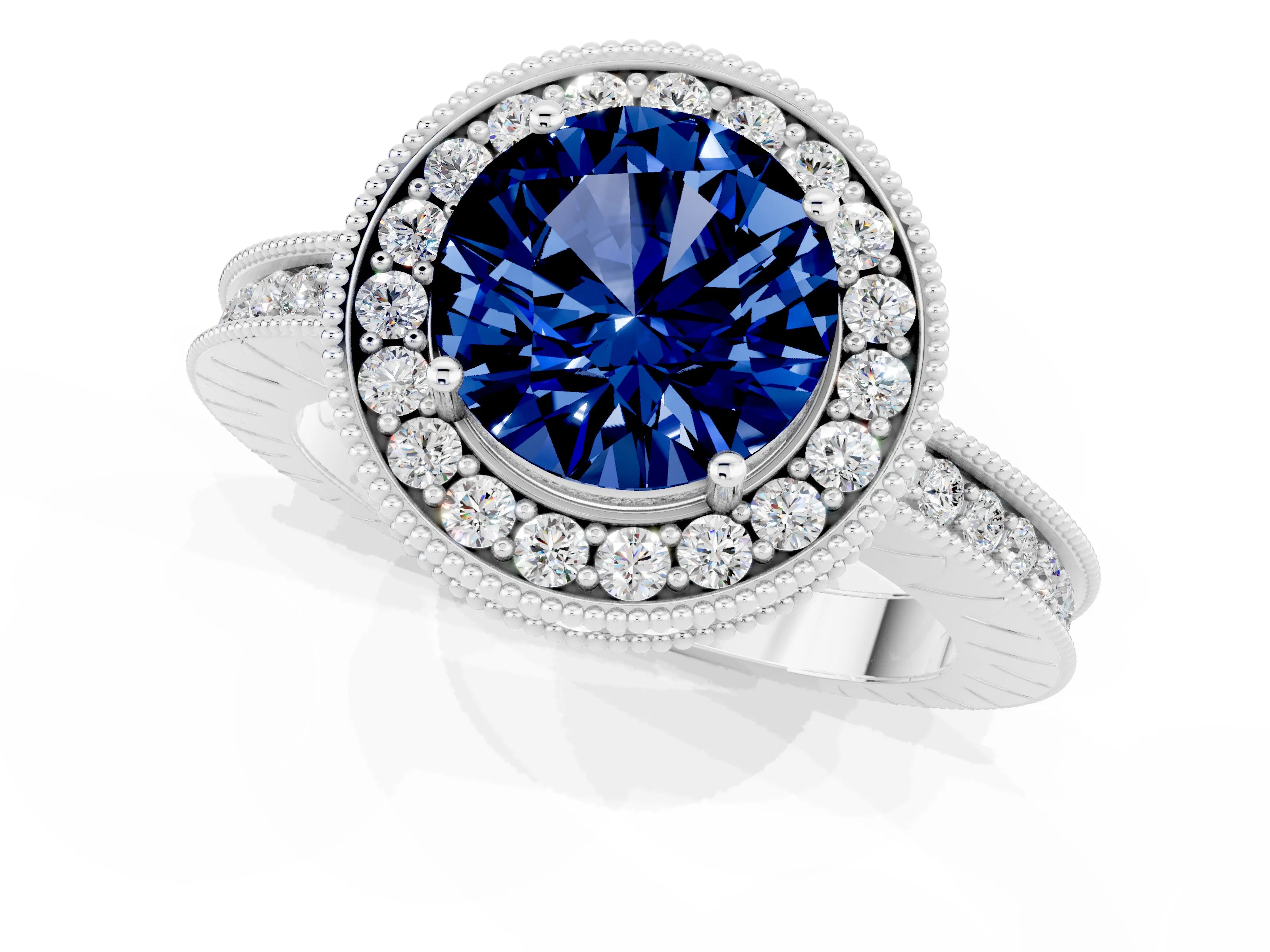 White gold Round Cut Halo Diamond Engagement Ring with Milgrain Pave Band and Four-Prong Setting_1