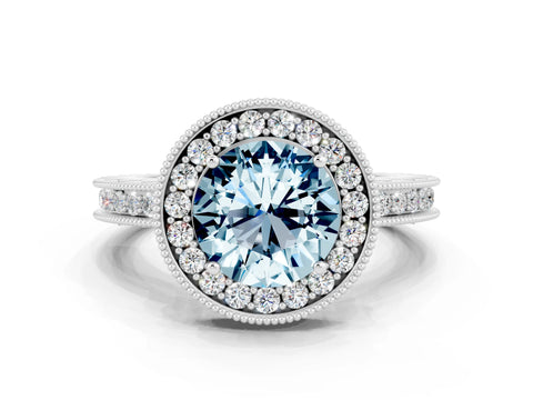 White gold Round Cut Halo Diamond Engagement Ring with Milgrain Pave Band and Four-Prong Setting_23