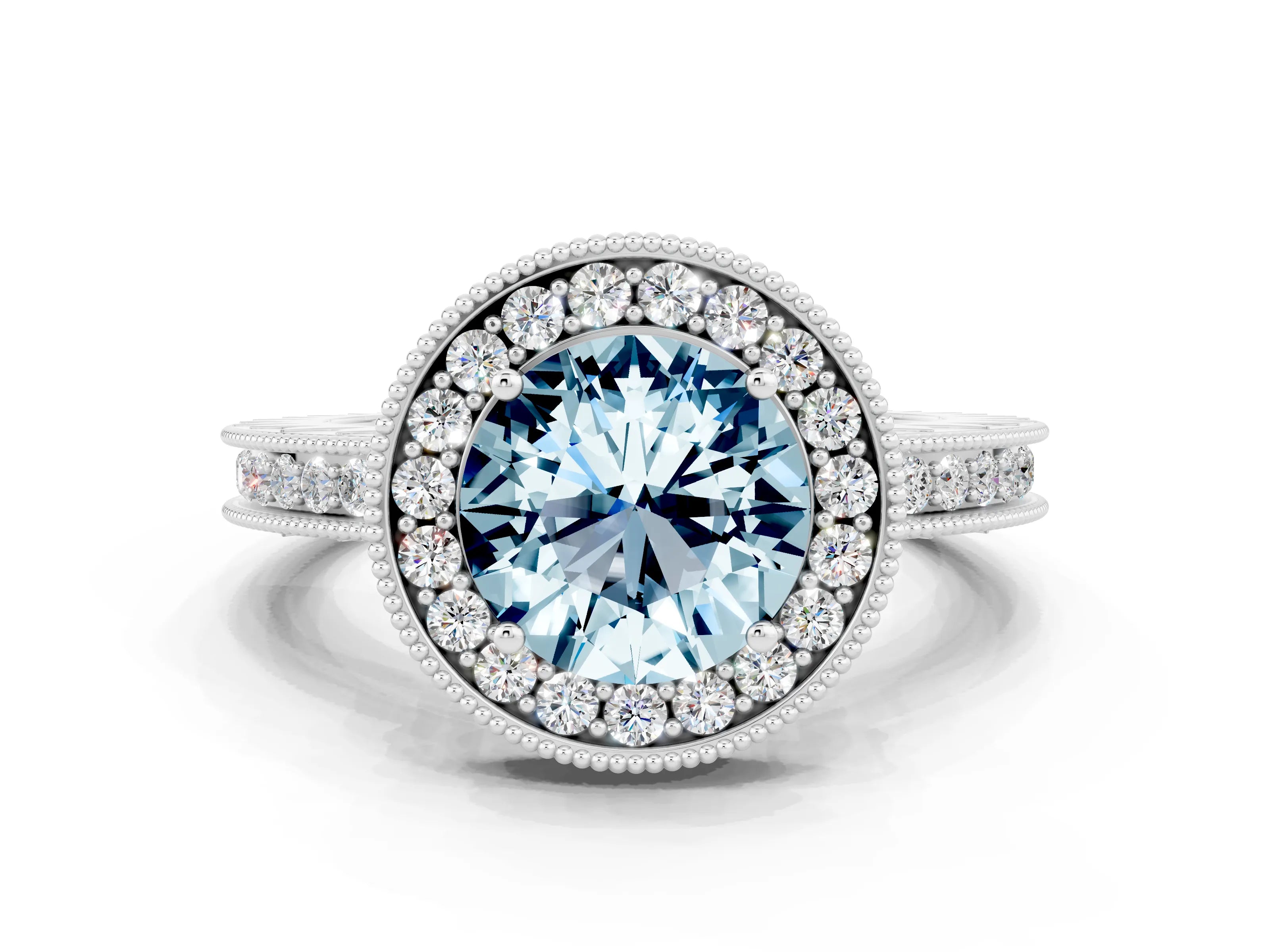 White gold Round Cut Halo Diamond Engagement Ring with Milgrain Pave Band and Four-Prong Setting_24